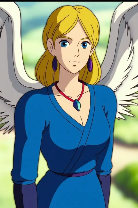 a very pretty woman standing, in a blue sweater and wings on her back, modest, with a blue dress and necklace, Artgerm, sots art, unreal 5, concept art, armlet, blonde_hair, blue_eyes, blurry, blurry_background, depth_of_field, earrings, gem, jewelry, looking_at_viewer, medium_breasts, realistic, solo, upper_body, wings, abbe bi style, [cartoon, vector art, anime :realistic, real life, hyper realistic:0.15],