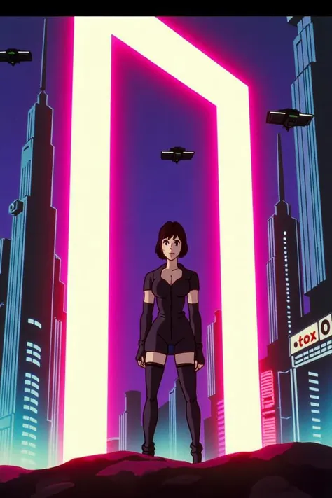 closeup of A woman in a futuristic city, standing confidently in front of a glowing neon sign, with towering skyscrapers and flying vehicles in the background., facing viewer