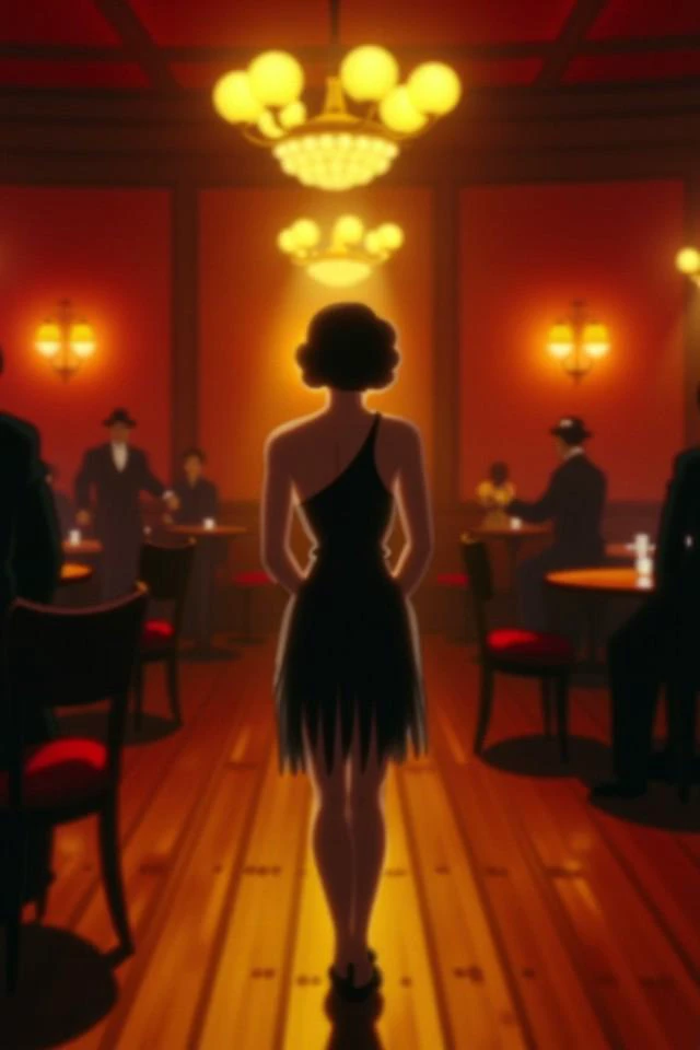 closeup of A woman standing in the middle of a bustling 1920s jazz club, wearing a flapper dress, with soft, golden light reflecting off the polished wood floors and shimmering chandeliers., facing viewer