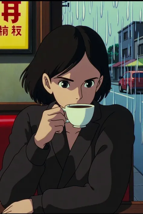 closeup of A woman sitting in a café on a rainy afternoon, the street outside reflected in the glass, with soft, warm light illuminating her face as she sips from a coffee cup., facing viewer