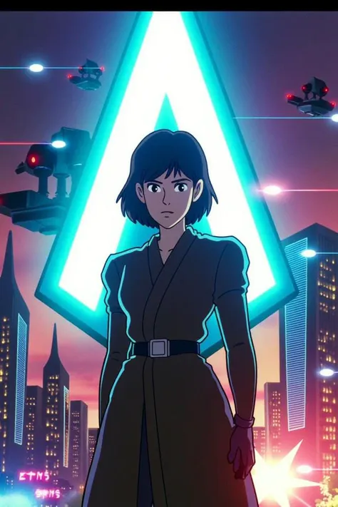 closeup of A woman in a futuristic city, standing confidently in front of a glowing neon sign, with towering skyscrapers and flying vehicles in the background., facing viewer