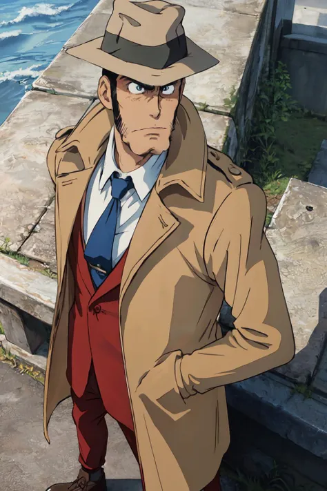 zenigata,trenchcoat,
(best quality, masterpiece, RAW photo,ultra-detailed:1.2), <lyco:GoodHands-beta2:1.0>,,solo,looking at viewer, ungry, <lyco:Zenigata:0.85>
 bust shot, from above,