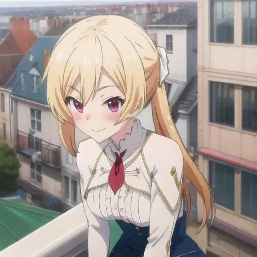 masterpiece, best quality, tsurime, lisesharte atismata, on the balcony, smiling, eyes full of joy, strongly blushing, whole face covered by strong blush, formal and elegant suit, white gloves, 1 girl, full body view, <lora:lisesharte-bahamut:0.88> <lora:Tsurime:0.90>
