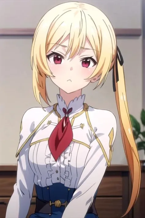 (((pixel-perfect, detail-perfect))), solo, 1girl, <lora:lisesharte-bahamut-01:0.8>, lisesharte atismata, uniform, white shirt, ascot, looking at viewer, pout