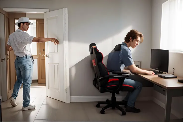 30-years-old man opening door,white shirt,blue jeans,fedora hat,BREAK
a 16-years-old teenage boy,sitting,gaming chair,desk,computer,monitor,BREAK