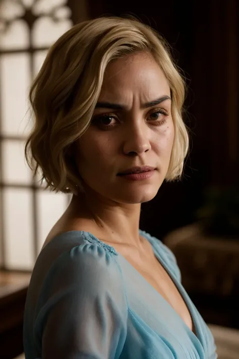 photoshoot of shannynS1, (blonde hair), (pixie cut), , detailed skin texture, (blush:0.2), (goosebumps:0.3), (light blue dress), subsurface scattering, Photorealistic, Hyperrealistic, Hyperdetailed, analog style, hip cocked, demure, detailed skin, matte skin, soft lighting, subsurface scattering, realistic, heavy shadow, masterpiece, best quality, ultra realistic, 8k, golden ratio, Intricate, High Detail, film photography, soft focus