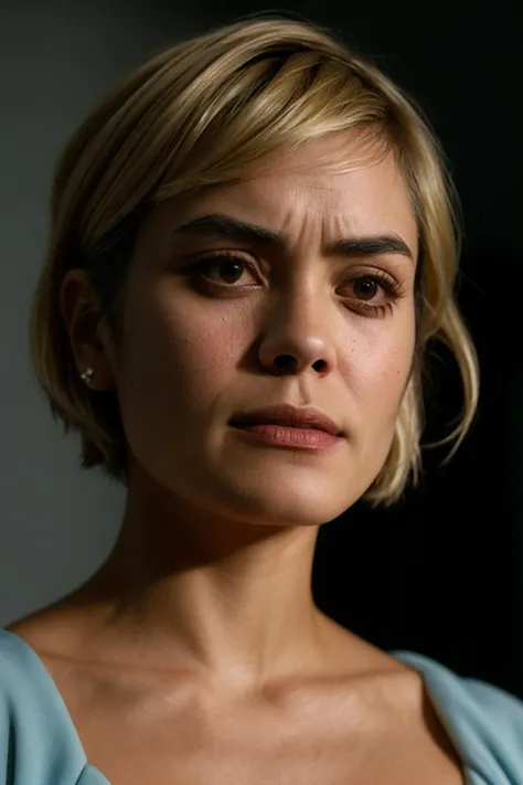 photoshoot of shannynS1, (blonde hair), (pixie cut), , detailed skin texture, (blush:0.2), (goosebumps:0.3), (light blue dress), subsurface scattering, Photorealistic, Hyperrealistic, Hyperdetailed, analog style, hip cocked, demure, detailed skin, matte skin, soft lighting, subsurface scattering, realistic, heavy shadow, masterpiece, best quality, ultra realistic, 8k, golden ratio, Intricate, High Detail, film photography, soft focus