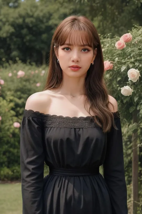 lisa1 a woman, (realistic), (hyperrealism), (photorealistic), depth of field, adult, (upper body:1.2), ((narrow waist:1.2)), eye makeup:0.5, looking at the viewer, portrait photo, black sleeved dress, at the rose garden, <lora:httplisa:0.35>