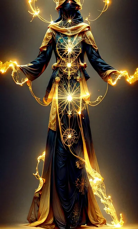 golden and black,<lora:诡异服装:1>,Glowing particles