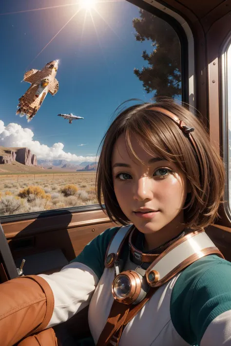 1girl, masterwork Cinematic still, concept art, selfie shot angle of a ([Kestrel|Rocketship]:1.3) , it is very [Thought-Provoking:Untidy:20] and Unsightly, plain copper background, fall mountains and space, Hurricane, soft focus, Realistic, Suffering, 70s Art, Reflected light, telephoto lens, Colorful, Liminal dream, Green and Brown, lots of details, Unsplash