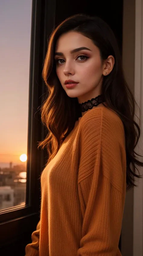 1 young cute iranian girl, very slim, skinny, redhead, rouge, red neck lace choker, cateyes makeup, colorful, oversize knit jumper, softcore, warm lighting, cosy atmosphere, Instagram style, red theme, upper body shot,(cinematic, black and red:0.85), (sunset beautiful background:1.3), sharp, dim colors
