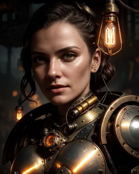 steampunk android portrait, cracked brass face with exposed cybernetics. Hyper-realistic details, Highly detailed beautiful expressive human eyes, one framed by intricate mechanical eyelid. Weathered off-white surface, etched with fine fracture lines and rust stains. Hard, lifelike lips contrast with silicon rubber skin. Segmented panels reveal glimpses of retro steampunk circuitry beneath. Delicate nose sculpted with artificial precision. Visible joints, bolts, welding, and seams along cheekbones and forehead. One eye socket houses glowing red Incandescent bulbs. Tangle of obsolete wires and tubes at neck. Lush, overgrown backdrop hints at post-apocalyptic setting. Harsh, dramatic lighting emphasizes textures. steampunk aesthetic meets baroque detailing. Ultra-high resolution, photorealistic rendering. 35mm photograph, film, bokeh, professional, highly detailed dynamic lighting, photorealistic, 8k, raw, rich, intricate details.