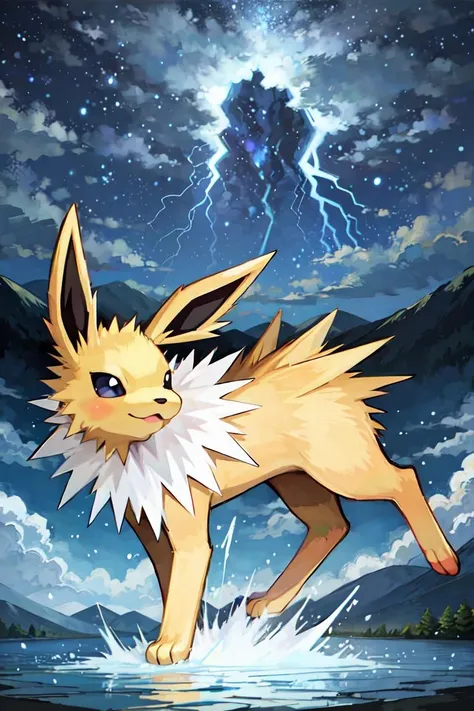 masterpiece,best_quality
Jolteon, pokemon (creature),
<lora:Jolteon_v1:0.7>,JOLTEON,
forest,mountain, lake, cloudy sky, (lightning),