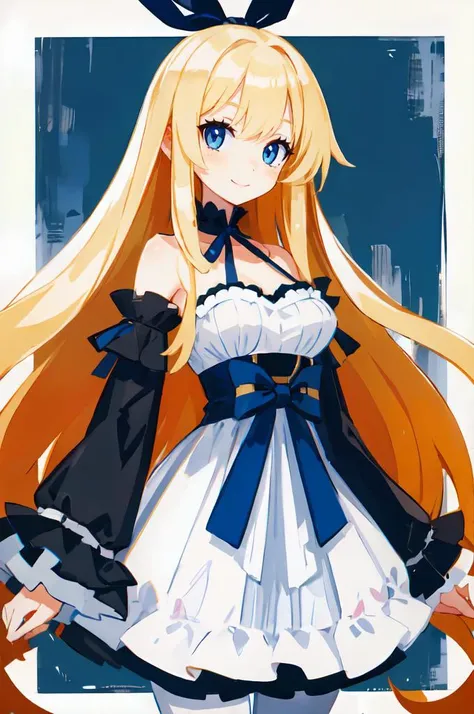 <lora:PokemonGotchaStyle:1> Pokemon Gotcha Style, white and blue theme, pokemon center,, ultra detailed, masterpiece, best quality,, solo, soft smile, light smile,
1girl, blue eyes, very long hair, blonde hair, long blonde hair, french braid, bangs, medium breasts,, hair ribbon, frilled choker, criss-cross halter, sleeveless dress, high-waist skirt, backless dress, waist bow, detached sleeves, frilled sleeves, wide sleeves, pantyhose, patterned legwear, mary janes,