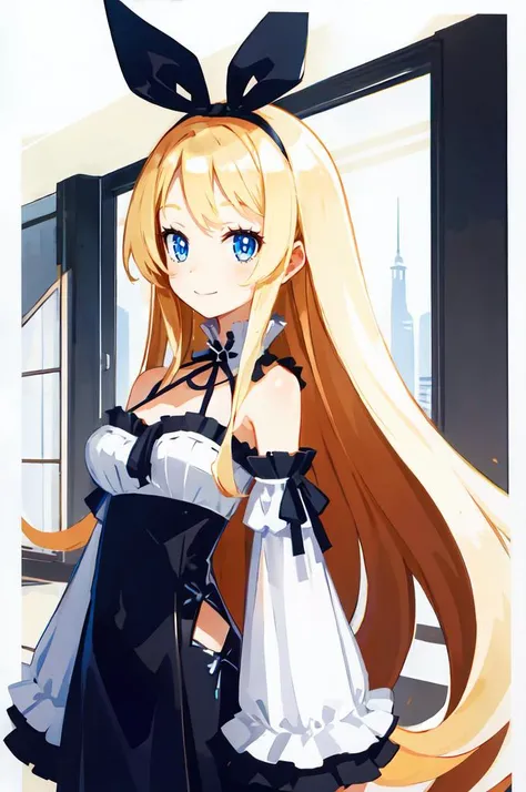 ultra detailed, masterpiece, best quality, solo, 
soft smile, light smile,
1girl, blue eyes, very long hair, blonde hair, long blonde hair, french braid, bangs, medium breasts,
hair ribbon, frilled choker, criss-cross halter, sleeveless dress, high-waist skirt, backless dress, waist bow, detached sleeves, frilled sleeves, wide sleeves, pantyhose, patterned legwear, mary janes, <lora:harada_takehito_Disgaea_style_v01:1>