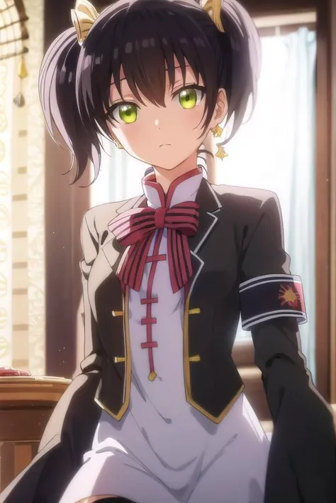 kochouwang, <lora:kochou wang s1-lora-nochekaiser:1>,
kochou wang, short hair, black hair, twintails, (green eyes:1.3),
BREAK thighhighs, long sleeves, dress, bow, ribbon, jewelry, earrings, black thighhighs, sleeves past wrists, chinese clothes, armband, sleeves past fingers,
BREAK indoors, classroom,
BREAK looking at viewer, (cowboy shot:1.5),
BREAK <lyco:GoodHands-beta2:1>, (masterpiece:1.2), best quality, high resolution, unity 8k wallpaper, (illustration:0.8), (beautiful detailed eyes:1.6), extremely detailed face, perfect lighting, extremely detailed CG, (perfect hands, perfect anatomy),