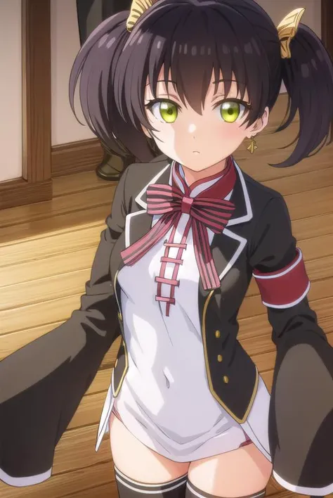 kochouwang, <lora:kochou wang s1-lora-nochekaiser:1>,
kochou wang, short hair, black hair, twintails, (green eyes:1.3),
BREAK thighhighs, long sleeves, dress, bow, ribbon, jewelry, earrings, black thighhighs, sleeves past wrists, chinese clothes, armband, sleeves past fingers,
BREAK indoors, classroom,
BREAK looking at viewer, (cowboy shot:1.5),
BREAK <lyco:GoodHands-beta2:1>, (masterpiece:1.2), best quality, high resolution, unity 8k wallpaper, (illustration:0.8), (beautiful detailed eyes:1.6), extremely detailed face, perfect lighting, extremely detailed CG, (perfect hands, perfect anatomy),