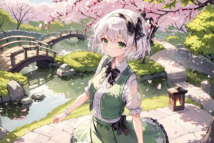 ((masterpiece)),(((best quality))),illustration,1GIRL,solo, WHITE HAIR,SHORT HAIR,HAIR RIBBON,HAIRBAND, GREEN EYES,BOW,WHITE SHIRT,GREEN VEST,GREEN SKIRT ï¼hitodamaï¼sakuraï¼japanese garden<lora:youmu-mver:0.9>
