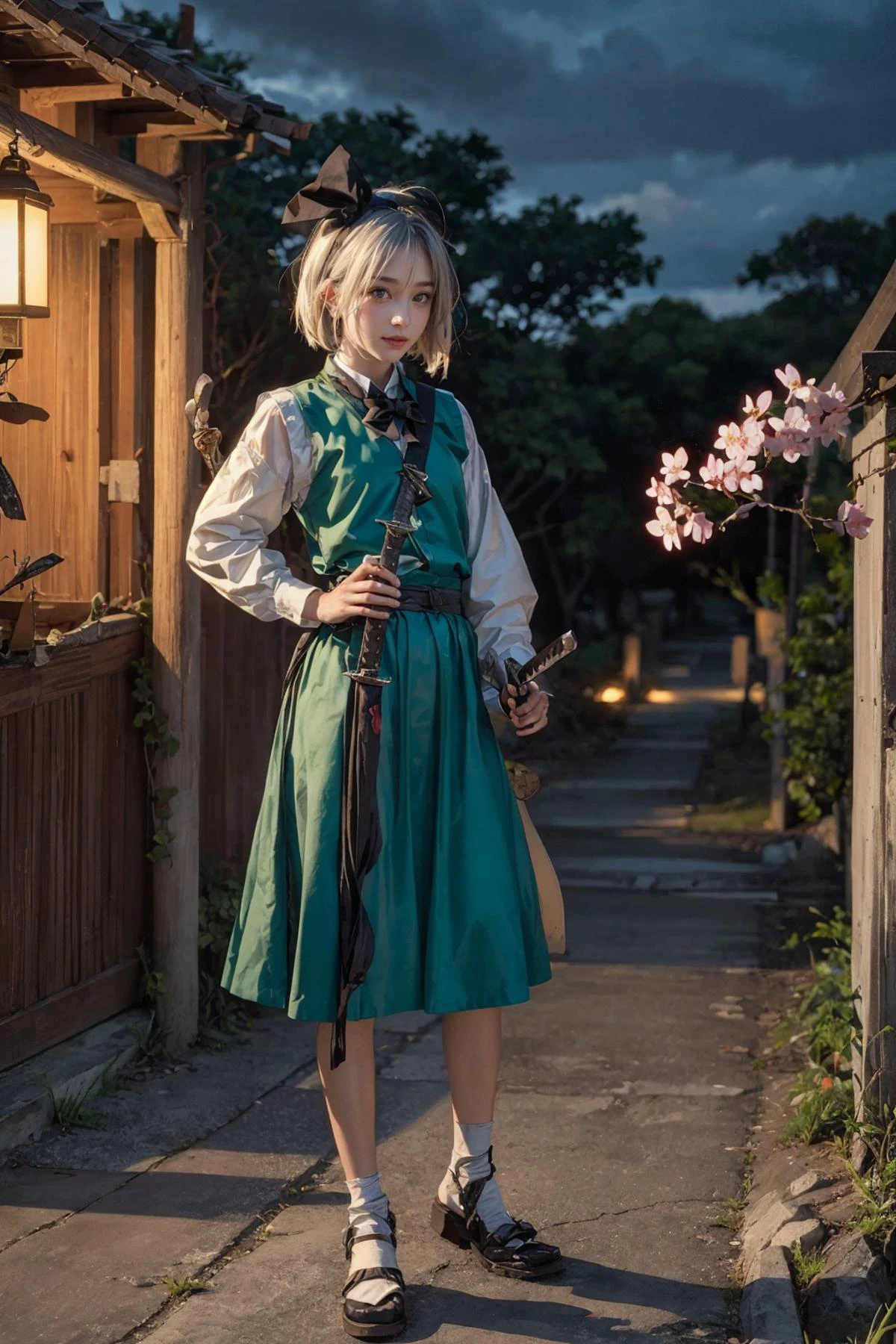 (8k, RAW photo, best quality, masterpiece:1.1), High detail RAW color photo,
,(realistic, photo realistic:1.25),
,(ultra-detailed silver hair, many detailed tangle hair streak:1.2)
,(looking at viewer:1.2)
,<lora:youmu-mver:1>konpaku youmu (ghost), girl, white hair,short hair,hair ribbon,hairband, green eyes,bow,white shirt,green vest,green skirt,
,full body
<lora:Landsknecht:0.25>Landsknecht ,((holding sword)),katana,Japanese sword
,(Cherry blossom trees at night)