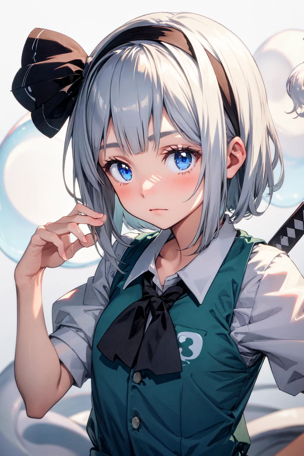 masterpiece, best quality, <lora:youmu:1>,1girl,konpaku youmu,simple background,blue eyes, closed mouth,