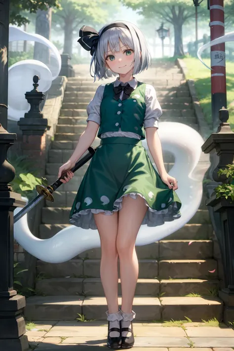 masterpiece, best quality, <lora:youmu:1>,1girl, konpaku youmu, solo, short sleeves, konpaku youmu (ghost), skirt, short hair, vest, shoes, tree, shirt, red eyes, looking at viewer, puffy sleeves, green vest, black footwear, green skirt, hairband, full body, ribbon, puffy short sleeves, black hairband, bow, grass, mary janes, outdoors, white shirt, bowtie, black bow, black bowtie, stairs, black ribbon, standing, socks, hair ribbon, hitodama, lantern, white hair, bangs, grey hair, frills, head tilt, flower, skirt set, frilled skirt, smile, closed mouth, petals, collared shirt, hand up, bush, white socks, ghost, neck ribbon, brick wall, petticoat, dress, stone stairs, breasts, bob cut, sunlight, arm at side, holding, bare legs, weapon, sword, plant, small breasts