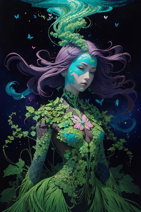 8k (full portrait), masterpiece, best quality, ultra high res, highly detailed, ukiyo-e, (mutated nature woman), evocative, surrealism art style, butterfly, ivy tendrils enveloping her figure, floating in a celestial void, cosmic energy radiating from her, enchanting metamorphosis, perfect lighting, perfect shading, <lora:Ukiyo-e:0.4> <lora:PAseerShadowofButterflyV2:0.6>