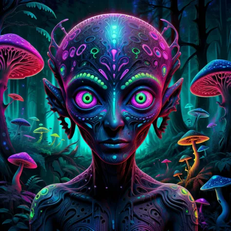 futuristic style A beautiful illustration of the mathematics of a tattooed alien, glowing eyes, digital art, rainbow colors, very detailed face, magical mushroom forest in the background . sleek, modern, ultramodern, high tech, detailed, <lora:Bas_Waijers_-_Artstyle_Style_SDXL:0.8> <lora:blacklight_makeup_v2:0.6> blacklight makeup <lora:SDXL-PsyAI-v4:0.6> PsyAI, Psychedelic, Visionary art, DMT, LSD