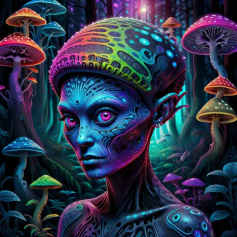 futuristic style A beautiful illustration of the mathematics of a tattooed alien, digital art, rainbow colors, very detailed face, magical mushroom forest in the background . sleek, modern, ultramodern, high tech, detailed, <lora:Bas_Waijers_-_Artstyle_Style_SDXL:0.8> <lora:blacklight_makeup_v2:0.6> blacklight makeup <lora:SDXL-PsyAI-v4:0.6> PsyAI, Psychedelic, Visionary art, DMT, LSD