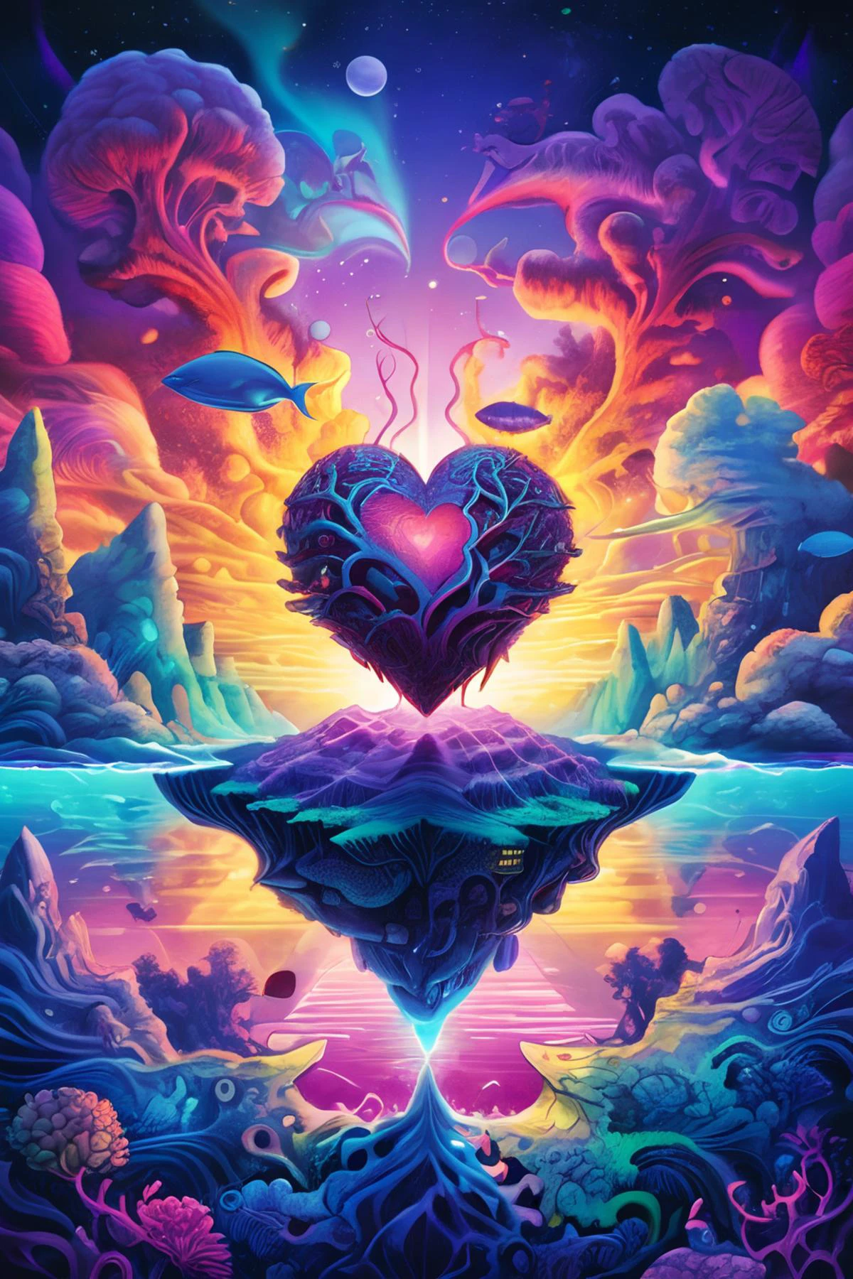 heart-shaped flying island in the ocean, fractal background <lora:fractal-art.v1:0.8> <lora:add-detail-xl:1> all <lora:SDXL-PsyAI-v4:0.8> PsyAI, Psychedelic, Visionary art, DMT, LSD, dan mumford style, craola style, Drew Brophy style, (Extremely Detailed digital Painting:1.5), ((Sharp focus)), vibrant detailed backdrop, blue and magenta, ((high contrast:1)), (surrealism), hdr, 8k, high quality, Super high definition, reflective, glossy, vaporwave, synthwave, psychedelic, atmospheric, Intricate, dramatic, (masterpiece), (best quality), (ultra-detailed illustration), colorful illustration, best quality, artstation, impressionism, masterpiece