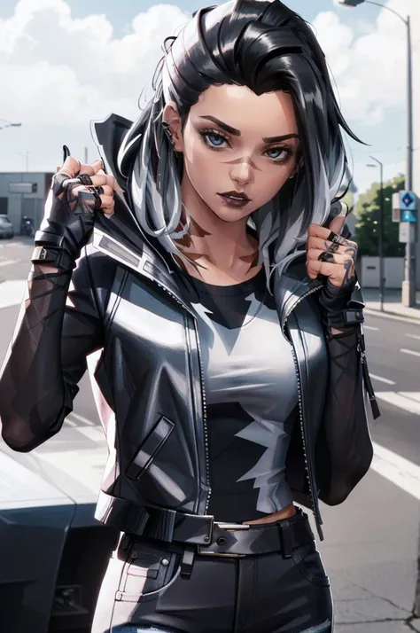 <lora:ANIME_Valorant_Fade_v01:0.8>fade, 1girl, black leather jacket, white t-shirt, fingerless gloves, jeans, 64K, f1.2, 800mm, UHD, dynamic lighting