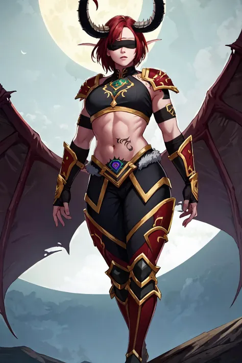 (masterpiece:1.2), (best quality:1.2), blindfold, perfect face, volumetric lighting, female illidari, horns, tattoo, medium breasts, short red hair, navel, abs, red armor, pauldrons, gauntlets, fur, (night, moon), black sky, dark fantasy, detailed outdoor background <lora:sxzIllidariDemonHunters_sxzDH:0.8>