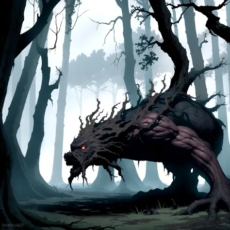 sapper, A dark, foreboding swamp, filled with twisted, gnarled trees and dangerous creatures, Druid protecting the forest from invaders, frozen tundra, (((Establishing shot)))