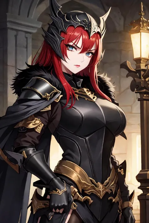 (masterpiece:1.2), (best quality:1.2), perfect eyes, perfect face, volumetric lighting, 1girl, mature female dark knight, drk_glam, heavy armor, pauldrons, breastplate, gauntlets, greaves, leather pants, cloak, fur, helmet, long straight red hair, gold, black steel, makeup, black lipstick, eyeshadow, mascara, thick eyelashes, dark fantasy, night, darkness, mist, stern expression  <lora:darkKnightFashion_v10:0.8>