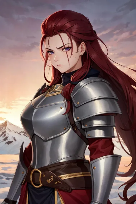 (masterpiece:1.2), (best quality:1.2), perfect eye, perfect face, volumetric lighting, 1girl, tall mature female warrior, muscular, curvy, absurdly long messy red hair, pompadour cut, thick braids, steel armor, pauldron, gauntlets, scabbard, fur, broad shoulder, fantasy, detailed outdoor background, dusk, setting sun, purple sky, deep shadows, snow, winter, mountains, plains, makeup, eyeshadow, thick eyelashes, concentration, frowning, scars