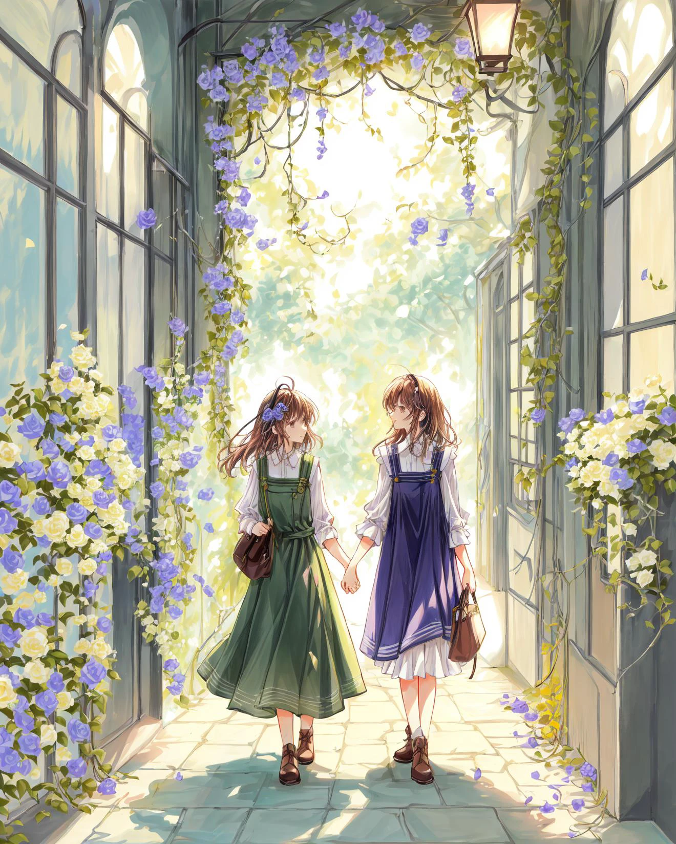 2 girls, yuri, walking, eye_contect, chat, gesture, wise, philosopher, shoulders, long curvy hair, pinafore dress, (flowers crowded, flowers everywhere:1.1), wisteria corridor, hallway, vines,
afternoon,(warm color):0.6, magical atmosphere, trending on artstation, intricate details (by Marc Adamus):0.7,(by itou hachi):0.3,(8k hdr:1.2), atmospheric perspective, extremely detailed, wallpaper, perfect anime illustration, (cowboy shot):1.32, portrait:1.28, close-up:1.3,
<lora:add_detail:0.36> <lora:clamp-tsubasa-style:0.75> <lora:psychedelicfluids:0.246> <lyco:VECTORV1-TRIM:0.31> <lora:monet_v2:0.15> <lora:supica_v3:0.13> <lyco:gouacheFinv1:0.07>