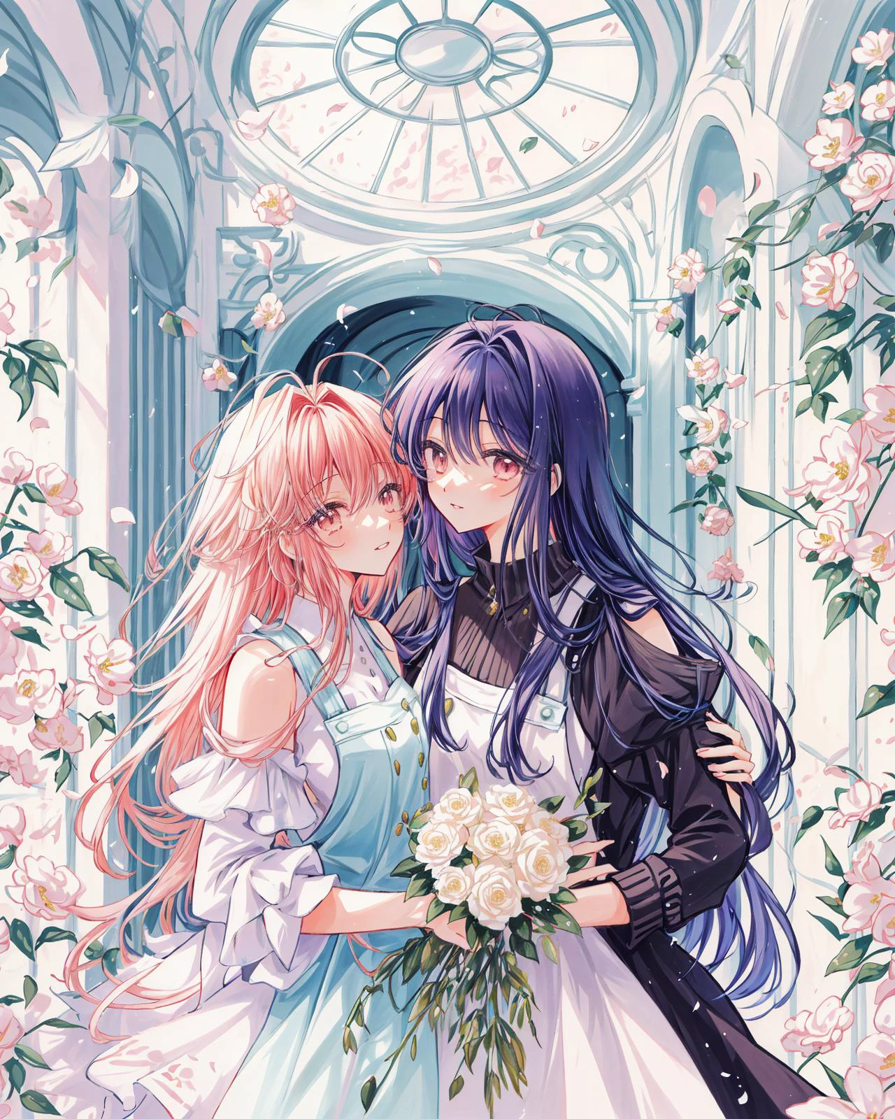 2 girls, yuri, walking, eye_contect, chat, gesture, wise, philosopher, shoulders, long curvy hair, pinafore dress, (flowers crowded, flowers everywhere:1.1), wisteria corridor, hallway,
afternoon,(warm color):0.263, magical atmosphere, trending on artstation, intricate details (by Marc Adamus):0.7,(by itou hachi):0.3,(8k hdr:1.2), atmospheric perspective, extremely detailed, wallpaper, perfect anime illustration, (cowboy shot):0.87, portrait:1.35, close-up:1.3,(upper body):0.75,
<lora:add_detail:0.217> <lora:clamp-tsubasa-style:0.75> <lora:psychedelicfluids:0.216> <lyco:VECTORV1-TRIM:0.31> <lora:monet_v2:0.112> <lora:supica_v3:0.133> <lyco:gouacheFinv1:0.07> <lora:choomoranma:0.09>