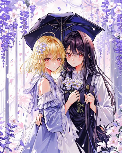 2 girls, yuri, walking, eye_contect, chat, long curvy hair, pinafore dress, (flowers crowded, flowers everywhere:1.1), wisteria corridor, hallway, shared umbrella, 
afternoon,(warm color):0.263, magical atmosphere, trending on artstation, intricate details (by Marc Adamus):0.7,(by itou hachi):0.3,(8k hdr:1.2), atmospheric perspective, extremely detailed, wallpaper, perfect anime illustration, (cowboy shot):0.87, portrait:1.35, close-up:1.3,(upper body):0.75,
<lora:add_detail:0.217> <lora:clamp-tsubasa-style:0.75> <lora:psychedelicfluids:0.216> <lyco:VECTORV1-TRIM:0.31> <lora:monet_v2:0.112>  <lora:supica_v3:0.133>  <lyco:gouacheFinv1:0.07>  <lora:choomoranma:0.09>