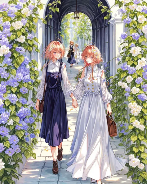 2 girls, yuri, walking, eye_contect, chat, gesture, wise, philosopher,  shoulders, long curvy hair, pinafore dress, (flowers crowded, flowers everywhere:1.1), wisteria corridor, hallway, vines,
afternoon,(warm color):0.6, magical atmosphere, trending on artstation, intricate details (by Marc Adamus):0.7,(8k hdr:1.2), atmospheric perspective, extremely detailed, wallpaper, perfect anime illustration, (cowboy shot):1.5, portrait:0.5, close-up,
<lora:add_detail:0.35> <lora:clamp-tsubasa-style:0.75> <lora:psychedelicfluids:0.23> <lyco:VECTORV1-TRIM:0.31> <lora:monet_v2:0.15> <lora:supica_v3:0.13>