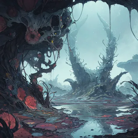 , <lora:PsychedelicFluids:0.5>, PsychedelicFluids, 8k, beautiful, perfect, UHD, <lora:CosmicLandscapes:0.7>, COsmicLandscapes, Alien Landscape, lake, strange growths, alien plants