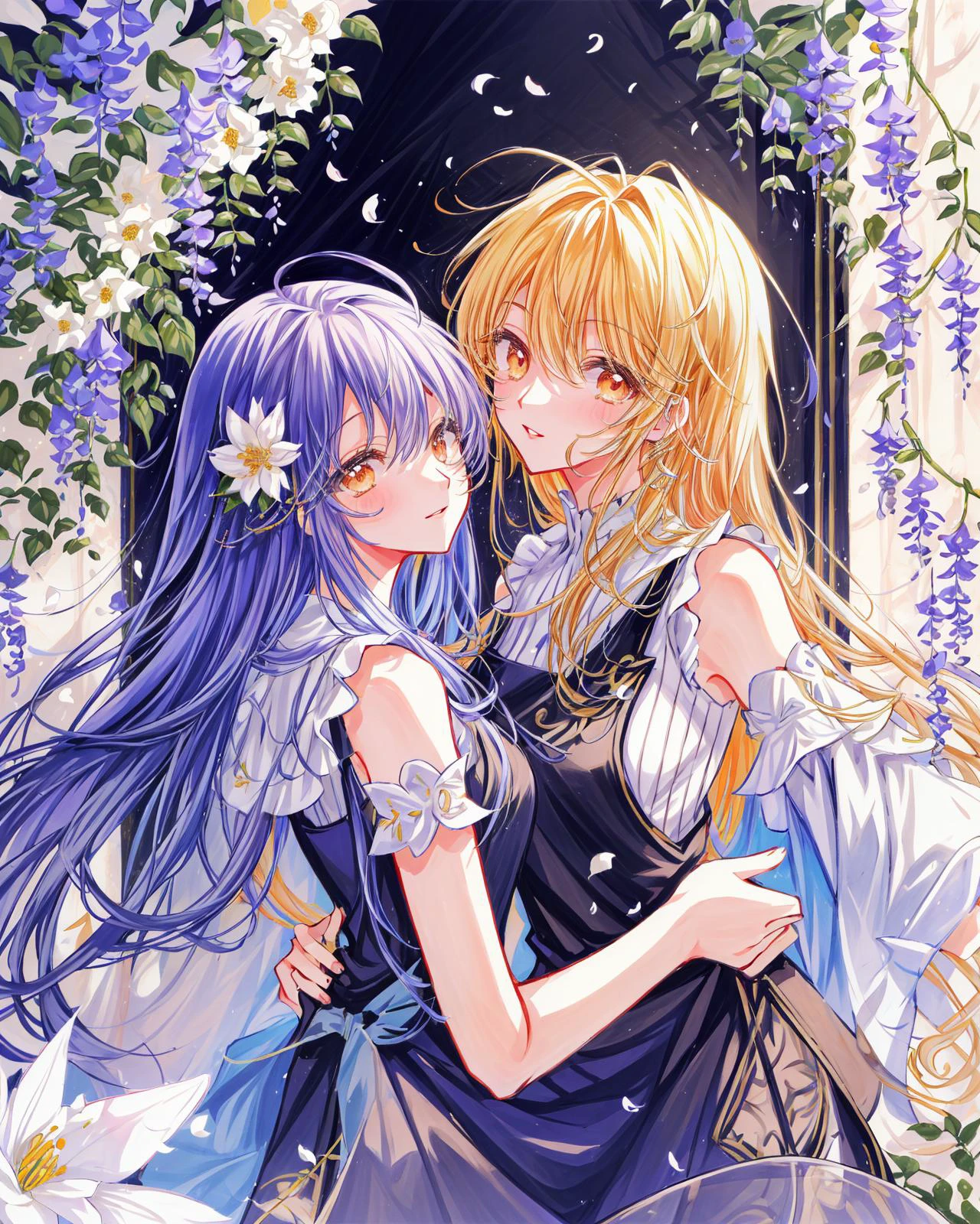 2 girls, yuri, walking, eye_contect, chat, gesture, wise, philosopher, shoulders, long curvy hair, pinafore dress, (flowers crowded, flowers everywhere:1.1), wisteria corridor, hallway,
afternoon,(warm color):0.263, magical atmosphere, trending on artstation, intricate details (by Marc Adamus):0.7,(by itou hachi):0.3,(8k hdr:1.2), atmospheric perspective, extremely detailed, wallpaper, perfect anime illustration, (cowboy shot):0.87, portrait:1.35, close-up:1.3,(upper body):0.75,
<lora:add_detail:0.217> <lora:clamp-tsubasa-style:0.75> <lora:psychedelicfluids:0.216> <lyco:VECTORV1-TRIM:0.31> <lora:monet_v2:0.112> <lora:supica_v3:0.133> <lyco:gouacheFinv1:0.07> <lora:choomoranma:0.09>