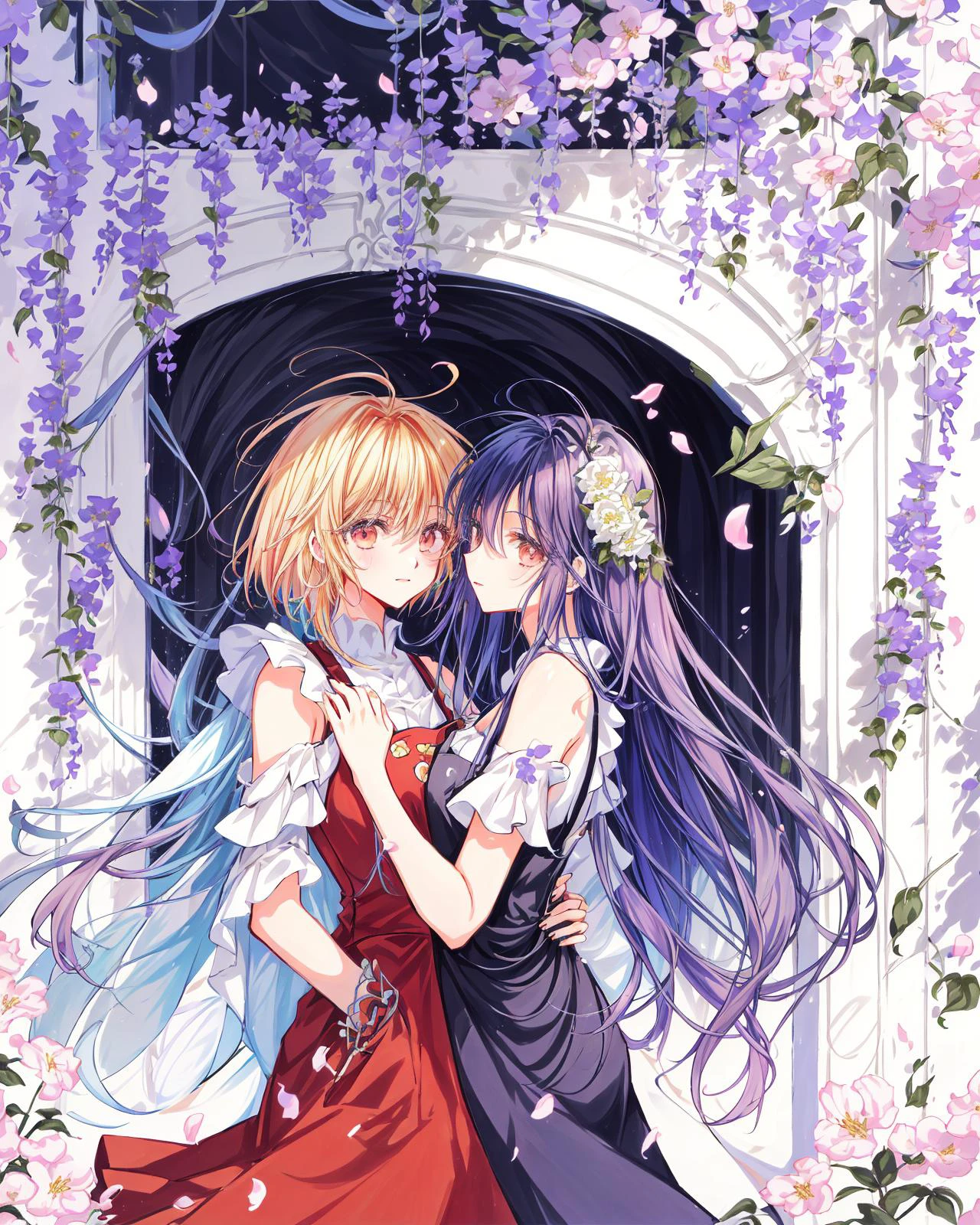 2 girls, yuri, walking, eye_contect, chat, gesture, wise, philosopher, shoulders, long curvy hair, pinafore dress, (flowers crowded, flowers everywhere:1.1), wisteria corridor, hallway,
afternoon,(warm color):0.263, magical atmosphere, trending on artstation, intricate details (by Marc Adamus):0.7,(by itou hachi):0.3,(8k hdr:1.2), atmospheric perspective, extremely detailed, wallpaper, perfect anime illustration, (cowboy shot):0.87, portrait:1.35, close-up:1.3,(upper body):0.75,
<lora:add_detail:0.217> <lora:clamp-tsubasa-style:0.75> <lora:psychedelicfluids:0.216> <lyco:VECTORV1-TRIM:0.31> <lora:monet_v2:0.112> <lora:supica_v3:0.133> <lyco:gouacheFinv1:0.07> <lora:choomoranma:0.09>