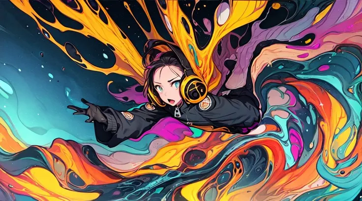 1girl, floating, zero gravity, headphones, Bape outfit, bomber jacket <lora:clothesUpdate:0.6>,
PsychedelicFluids, yellow, purple, psychedelic, bright colors, colorful <lora:PsychedelicFluids:0.71>,