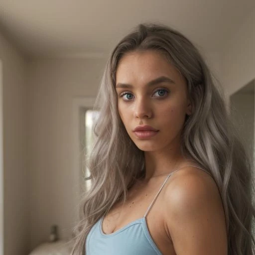 ((Shot with 12 MP, f/1.6 aperture, HDR, 4K, Super Fine detail)), Stunning english girl 19 year old, ((platinum silver wavy hair)), (5ft_4inchs tall), (Approx_Weight:50kg), blue eyes, black eyeliner, sensual lips, light makeup, 
she is confidently taking selfies in her bedroom, (she is wearing a crop top and leggings), clothing colours: pink, dress, black, stone, sand, white, baby blue , <lora:RSESofiko_RSEEmma-v1:0.8>, (<lora:skin_tone_slider_v1:0.8>), <lora:BimbolipsV2:0.3>, <lora:skin_texture_v2:1.1>, <lora:selfspread:0.0>, <lora:m99_labiaplasty_pussy_2:0.3>