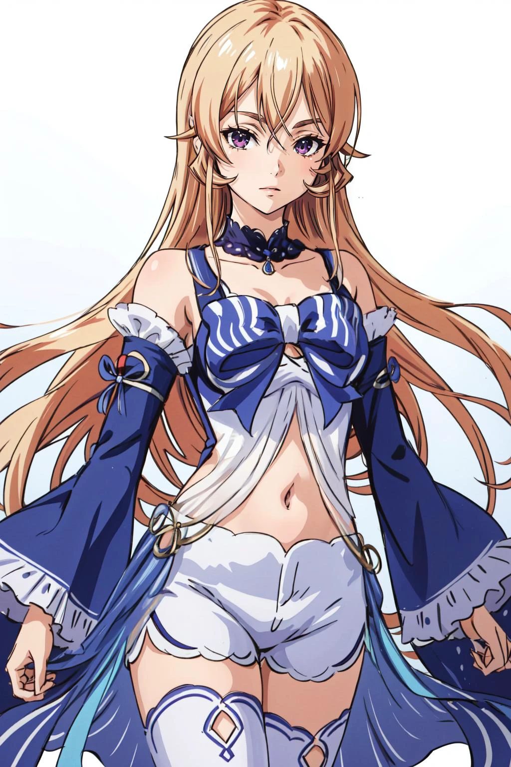 (masterpiece, best quality), intricate details,
1girl, <lora:NakiriErinaV10:0.8> nakiri erina,
<lora:OutfitKokomiV1DetachedSleevesWhiteShorts:0.8> outfit-kokomi, white shorts, white thighhighs, detached sleeves, frills, bow, navel
