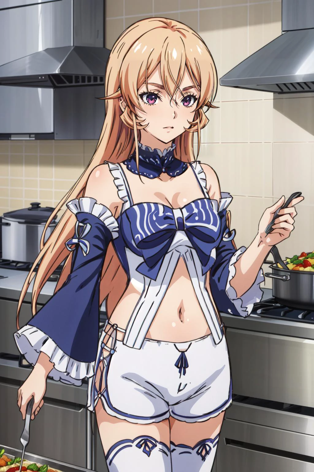 (masterpiece, best quality), intricate details,
1girl, <lora:NakiriErinaV10:0.8> nakiri erina,
<lora:OutfitKokomiV1DetachedSleevesWhiteShorts:0.8> outfit-kokomi, white shorts, white thighhighs, detached sleeves, frills, bow, navel
indoors, kitchen, food on stove, food in pot, cooking,