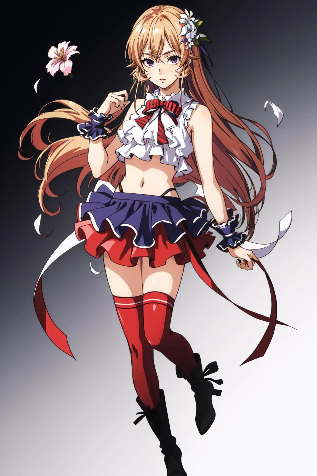 (masterpiece, best quality), intricate details,
1girl, <lora:NakiriErinaV10:0.8> nakiri erina,
<lora:MikuNisokuClothingV2:0.8> sleeveless shirt, layered shirt, layered skirt, crop top, wrist cuffs,gradient legwear, red thighhighs,high heels, boots,hair flower, ribbon,