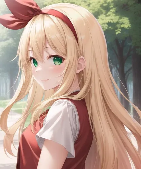 <lora:Ellen_Touhou_PC-98:1>, Ellen, 1girl, solo, blonde hair, long hair, red hairband, red vest, green eyes, <lora:add_detail:0.5>, portrait, smile, outdoors, from side, looking at viewer, short sleeves, (masterpiece, best quality),