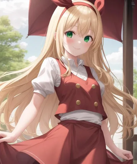 <lora:Ellen_Touhou_PC-98:1>, Ellen, 1girl, solo, blonde hair, long hair, red hairband, red vest, green eyes, <lora:add_detail:0.5>, cowboy shot, smile, outdoors, looking at viewer, short sleeves, red dress, (masterpiece, best quality),