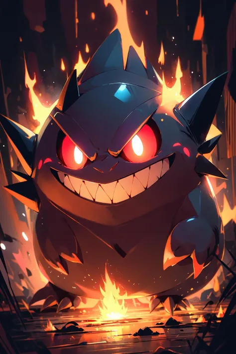 (masterpiece:1.2), best quality,PIXIV, Gengar,
pokemon (creature), solo, no humans, looking at viewer, glowing eyes, glowing, open mouth, fire, fangs, red eyes, teeth
<lora:Gengar_20231030164316-000018:0.8>