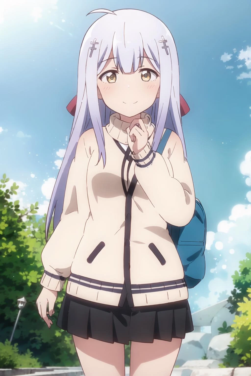 raphi, 1girl, solo, smile , happy , outside, runny, clouds, sky, standing,